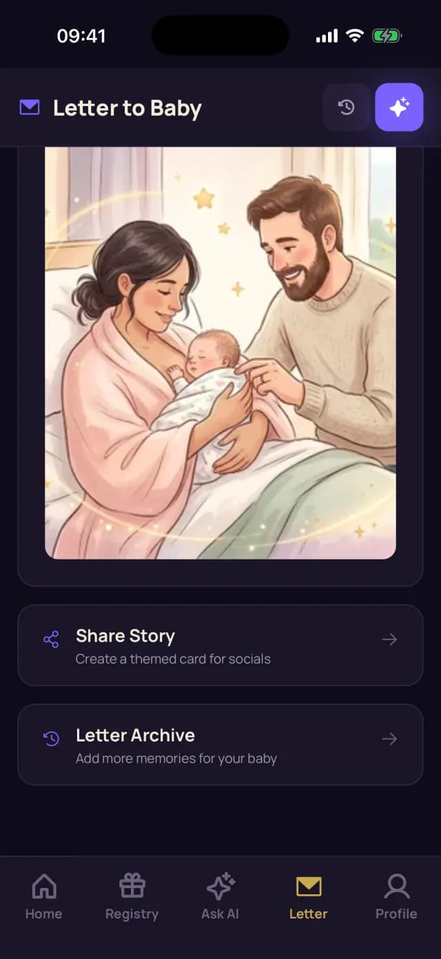 BabyPath Letter to Baby screen showing a birth-week illustration of parents meeting their baby. The app preview is in English.