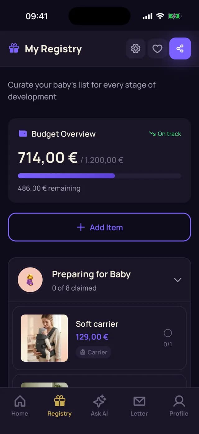 BabyPath registry with a 1,200 euro budget, eight items, and product photos. The app preview is in English.