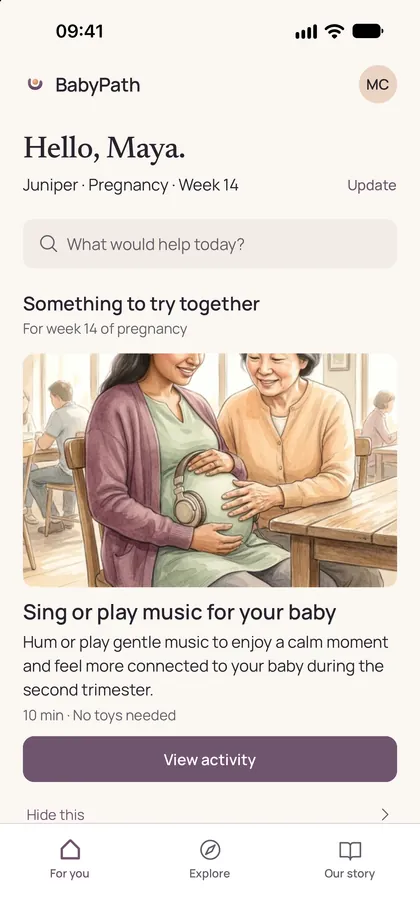 BabyPath For you screen in week 14 of pregnancy, with a calm music activity to try together.