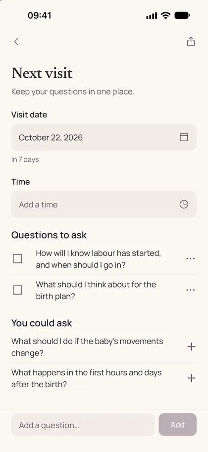 Next visit: the visit date, an optional time, and a list of questions to ask.