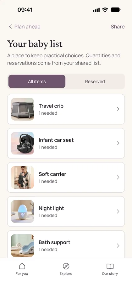 Baby list with items such as a travel crib, an infant car seat and a soft carrier.